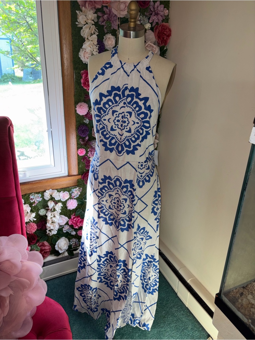 Blue and White Halter Maxi Dress